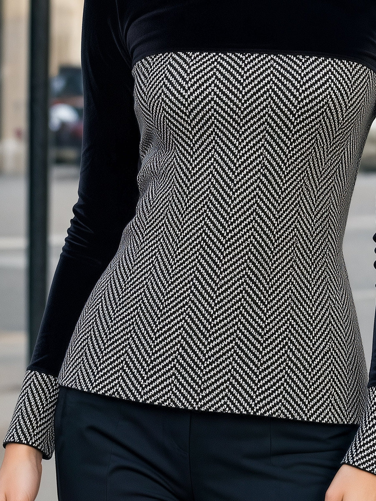Herringbone Panel Turtleneck Velour Top