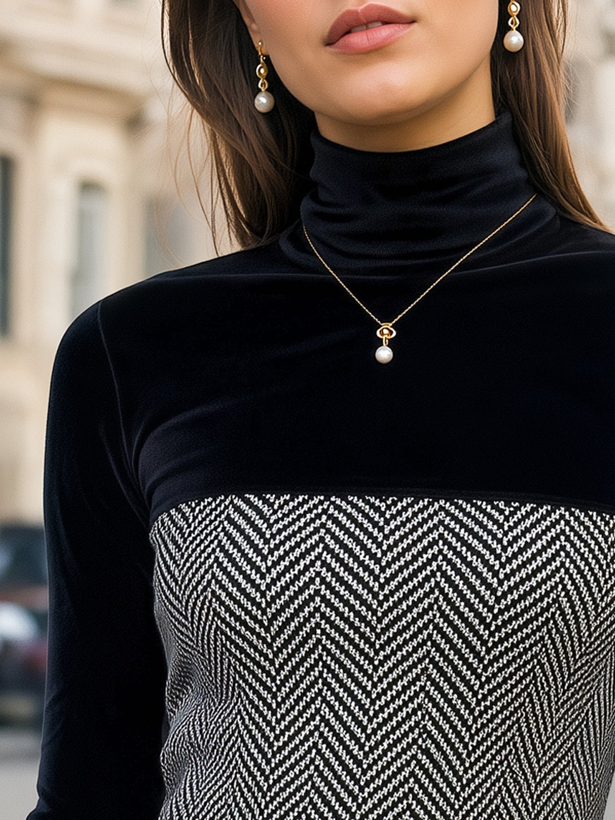 Herringbone Panel Turtleneck Velour Top