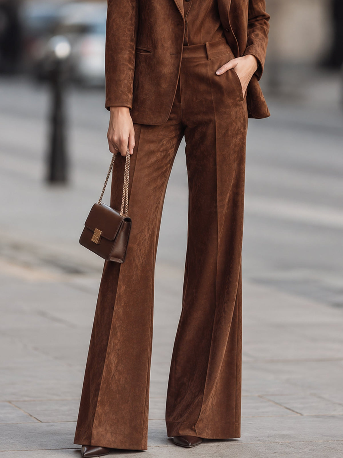 Suede Tailored Blazer & Wide-Leg Trouser Set