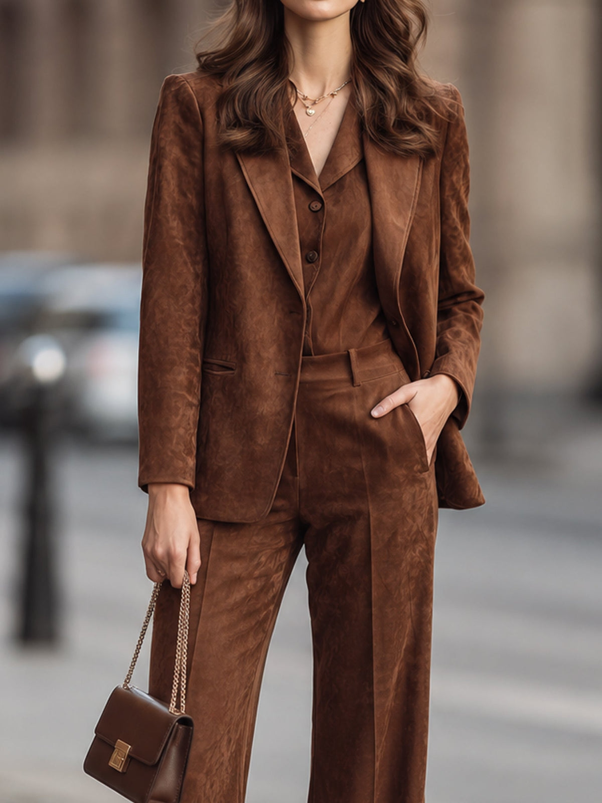 Suede Tailored Blazer & Wide-Leg Trouser Set