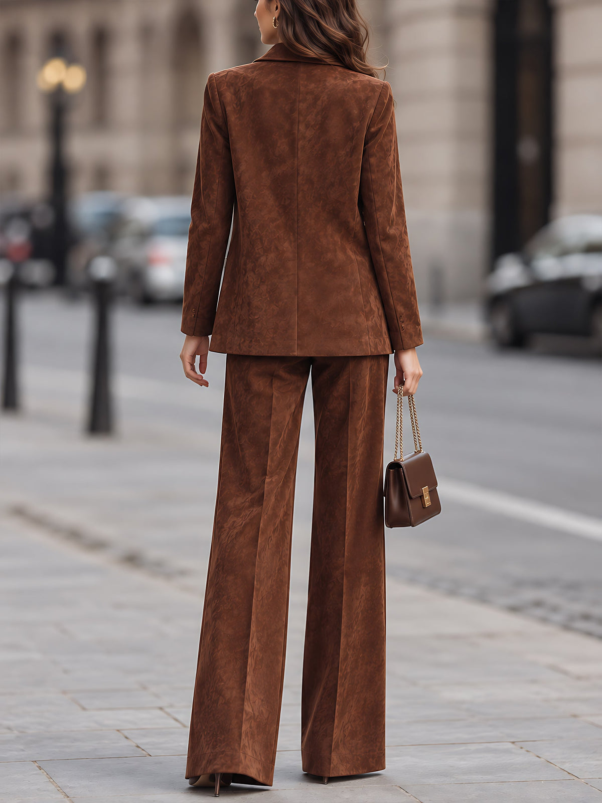 Suede Tailored Blazer & Wide-Leg Trouser Set