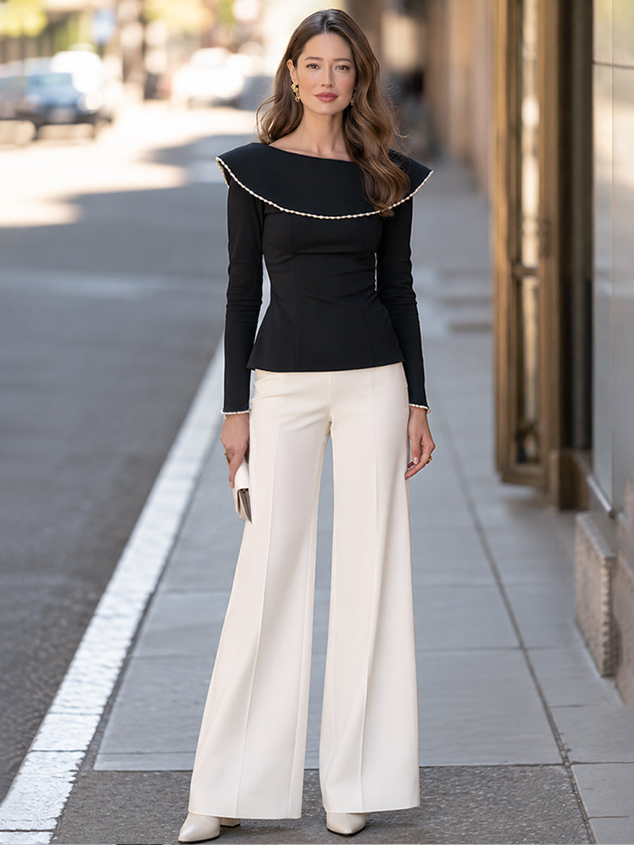 Pearl-Trim Cape Collar Top & Wide-Leg Trousers Set