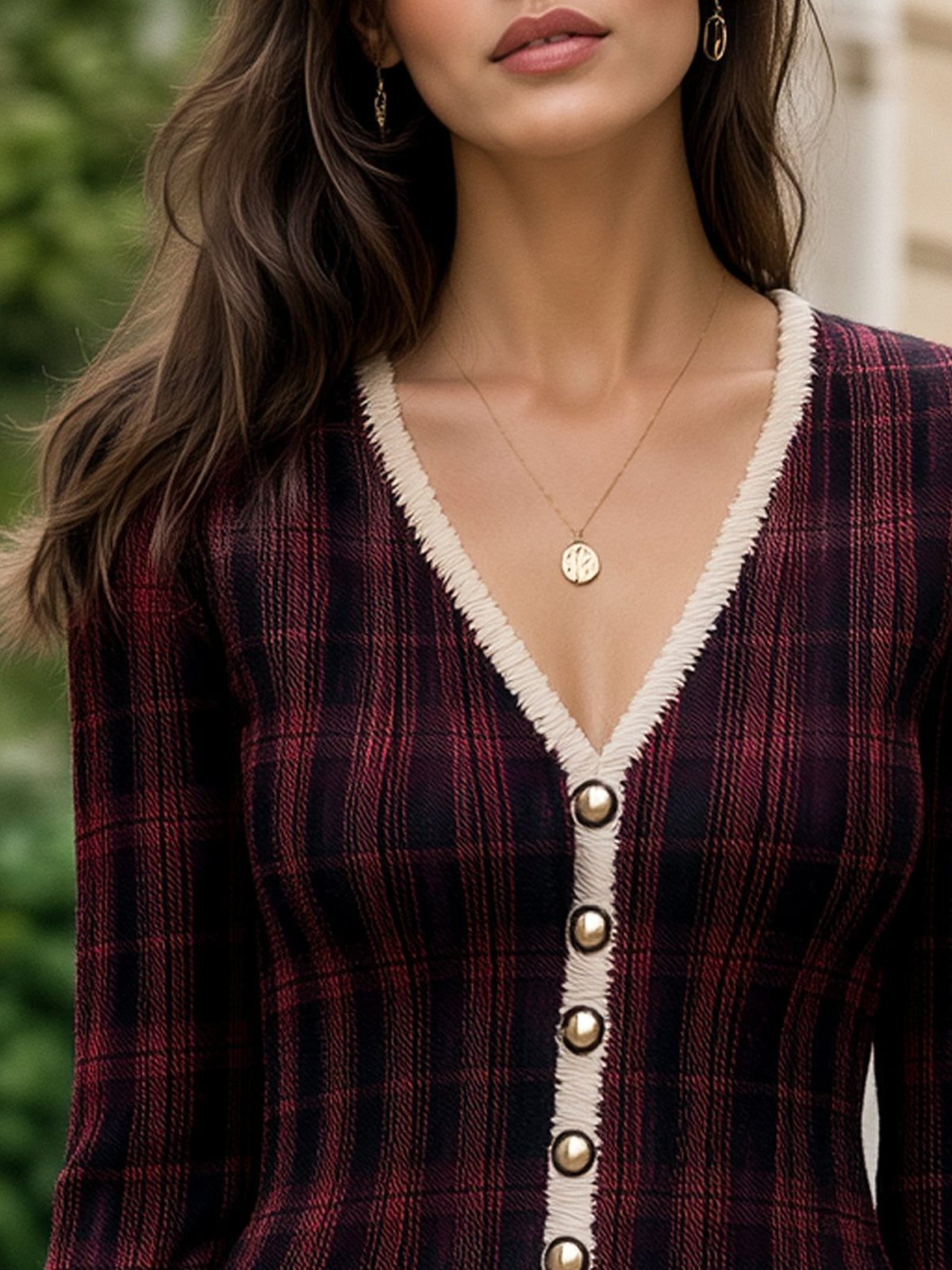 Fringe Trim Plaid V-Neck Cardigan