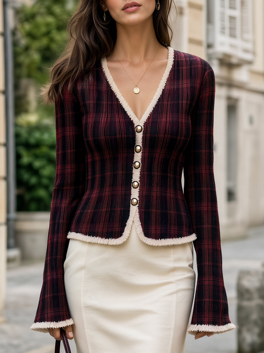 Fringe Trim Plaid V-Neck Cardigan