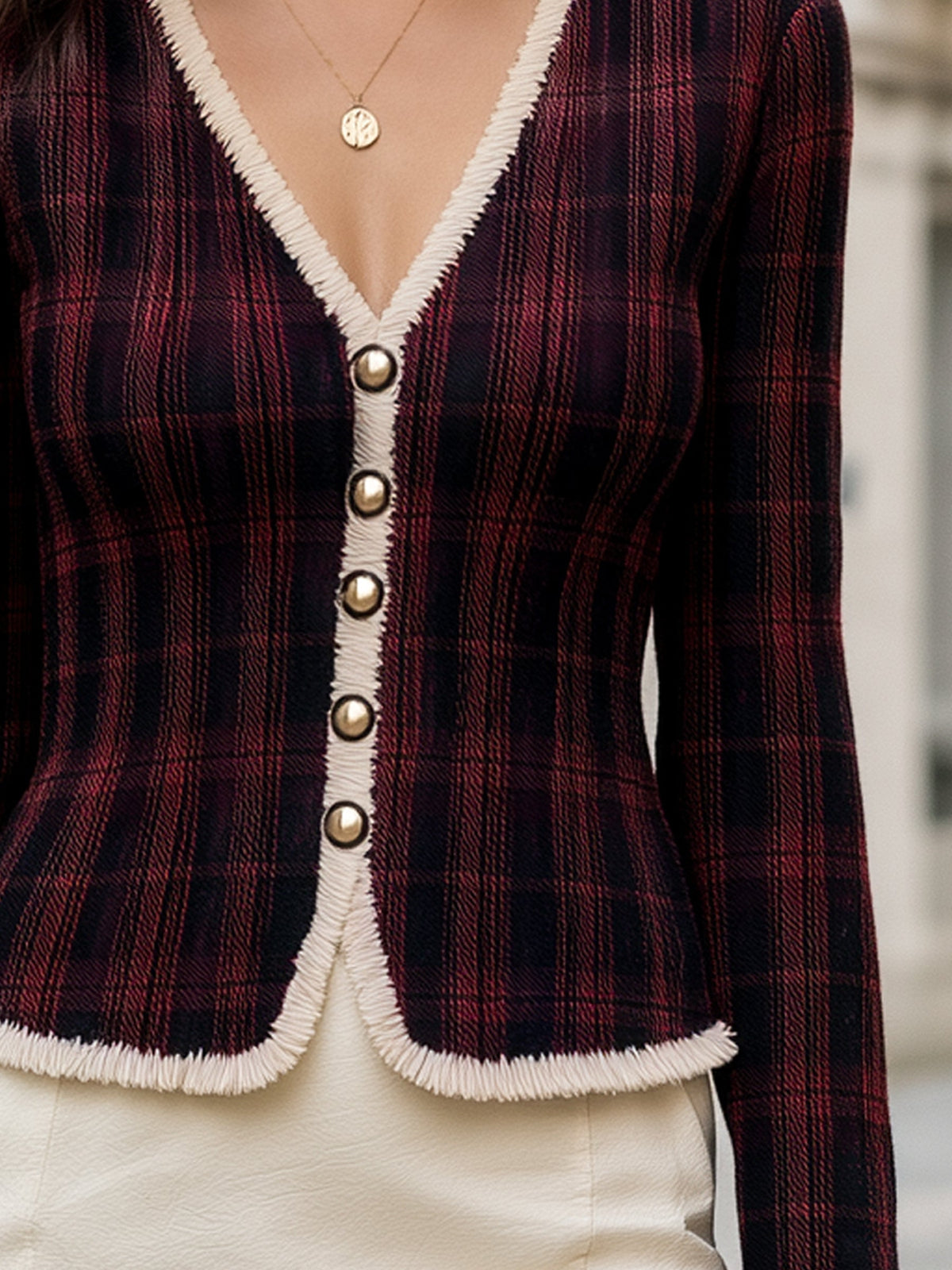 Fringe Trim Plaid V-Neck Cardigan