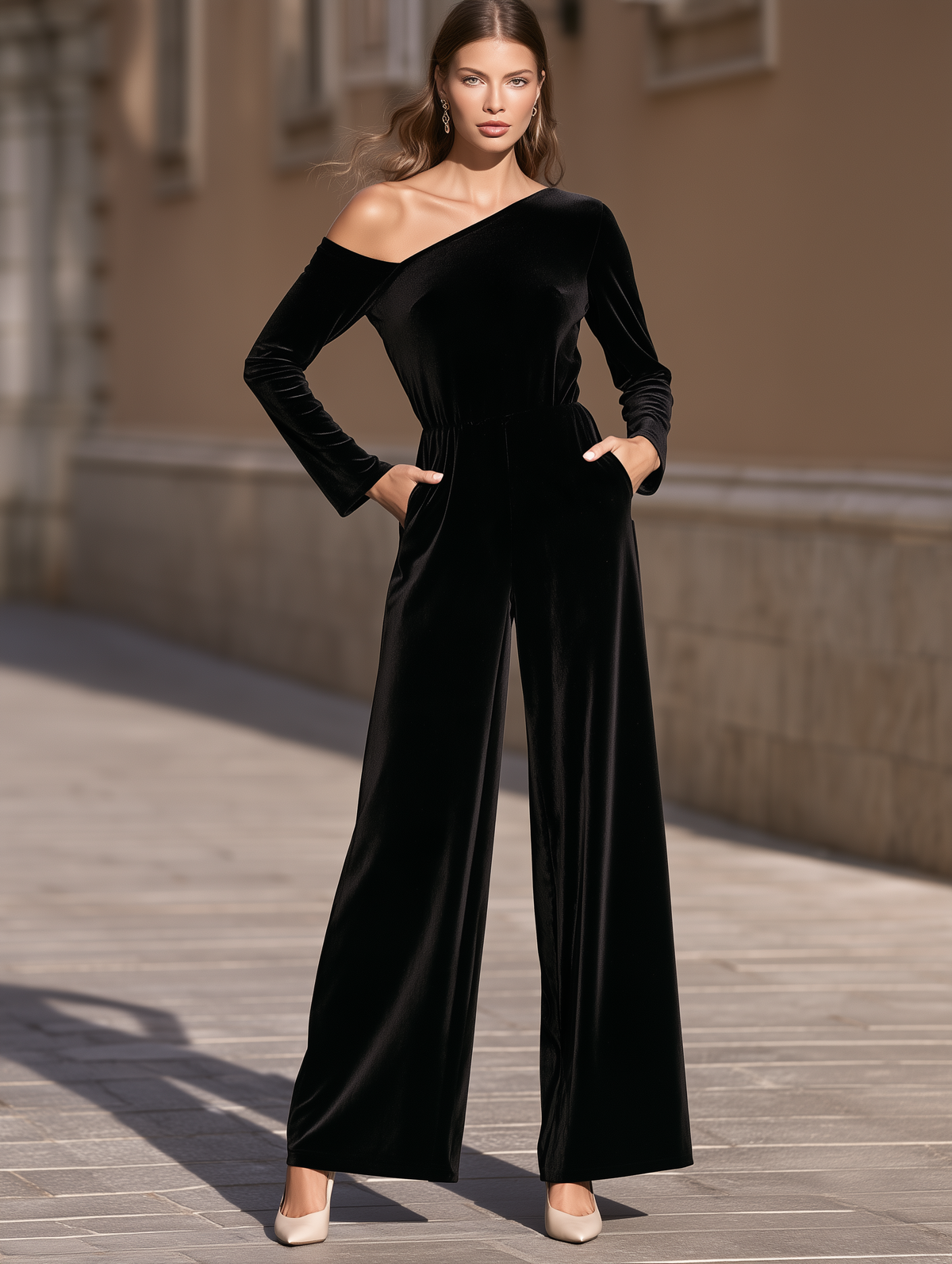 Asymmetric Off-Shoulder Velvet Wide-Leg Jumpsuit
