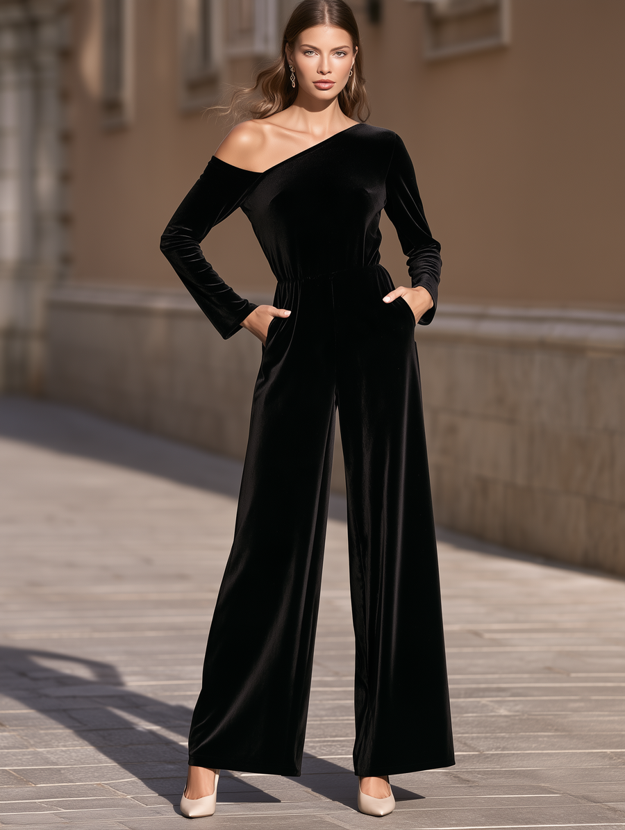 Asymmetric Off-Shoulder Velvet Wide-Leg Jumpsuit