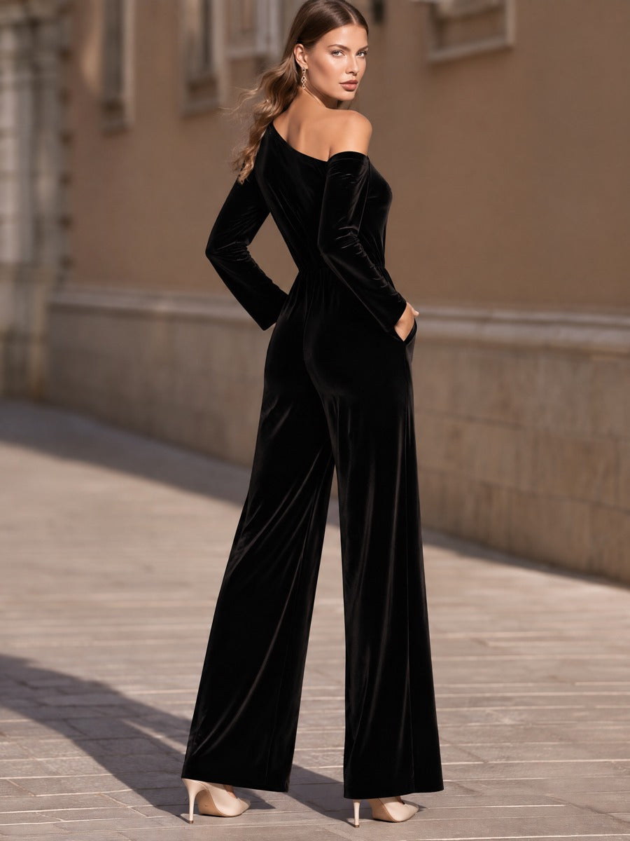Asymmetric Off-Shoulder Velvet Wide-Leg Jumpsuit