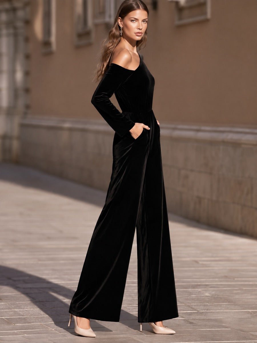 Asymmetric Off-Shoulder Velvet Wide-Leg Jumpsuit
