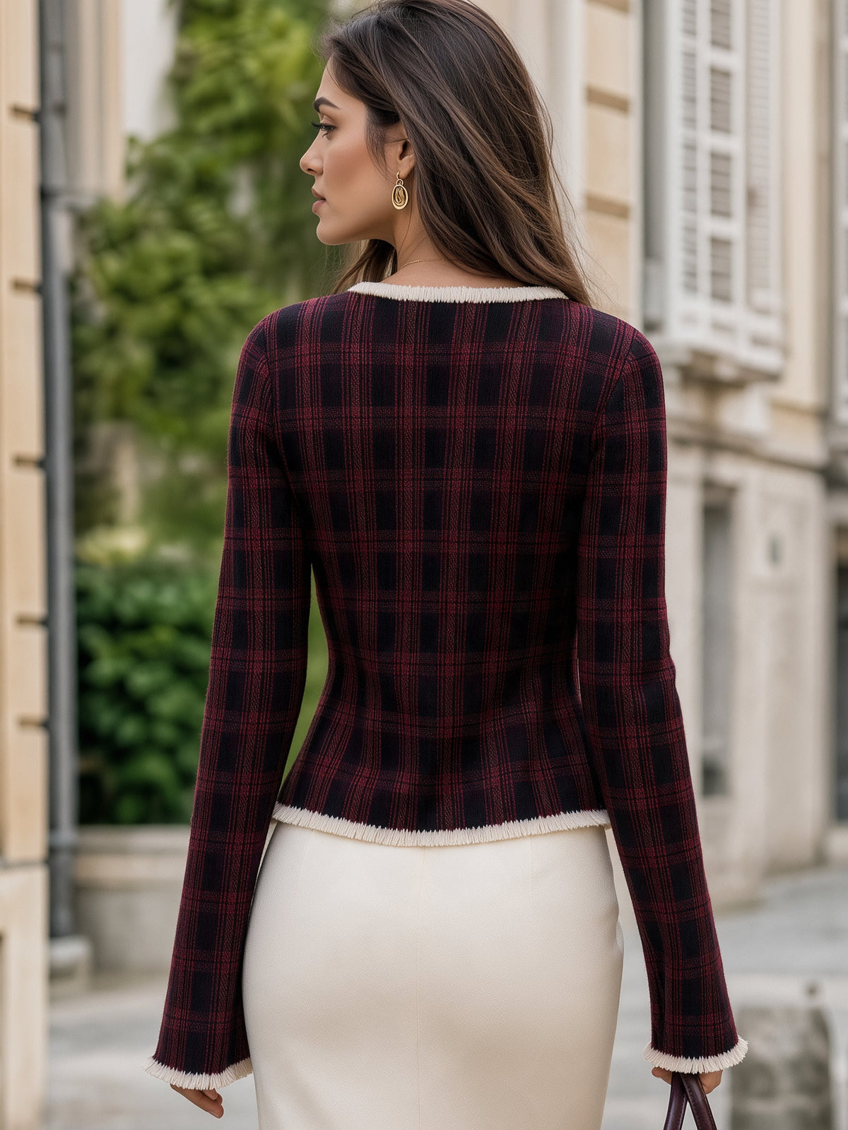Fringe Trim Plaid V-Neck Cardigan