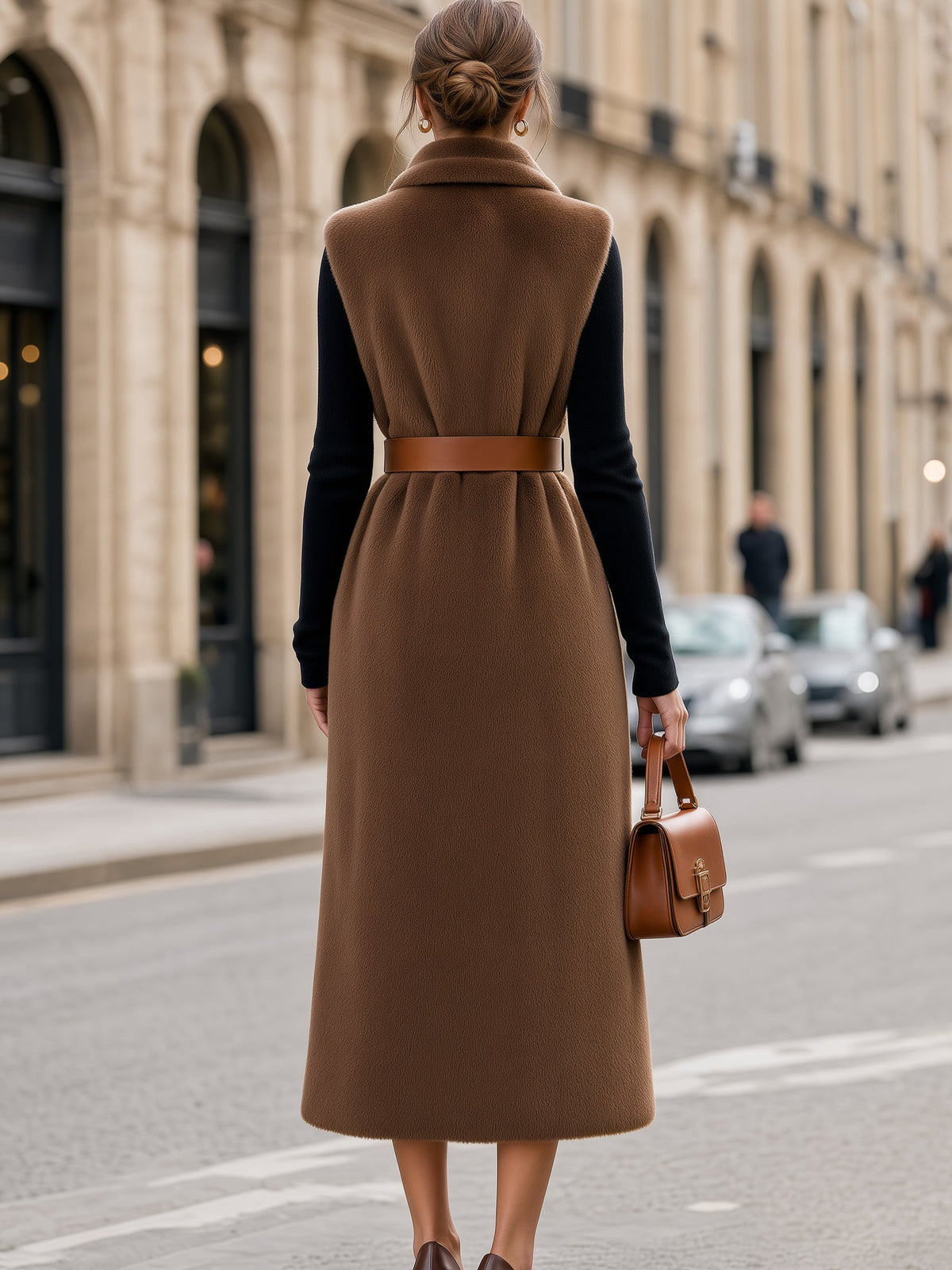 Faux Shearling Long Vest & Turtleneck Top Set