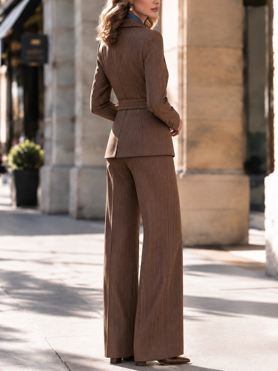 Belted Notch Lapel Pinstripe Blazer And Wide-Leg Trouser Suit Set