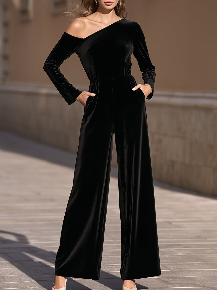 Asymmetric Off-Shoulder Velvet Wide-Leg Jumpsuit