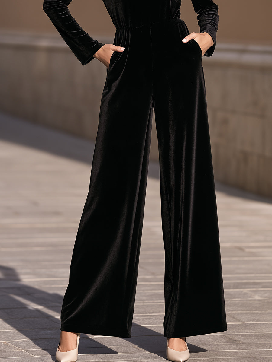 Asymmetric Off-Shoulder Velvet Wide-Leg Jumpsuit