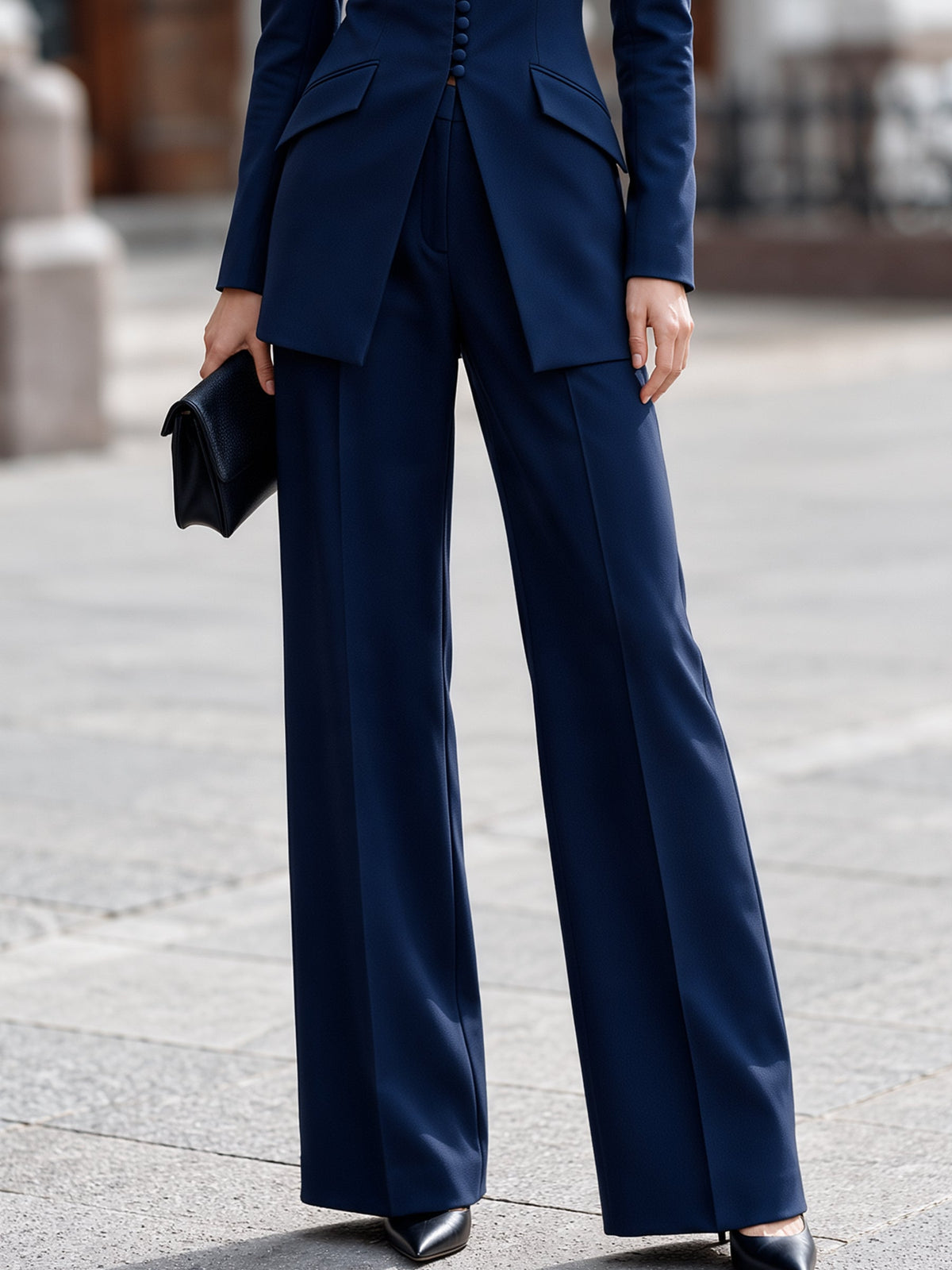 Stand Collar Covered-Button Blazer & Wide-Leg Trouser Set