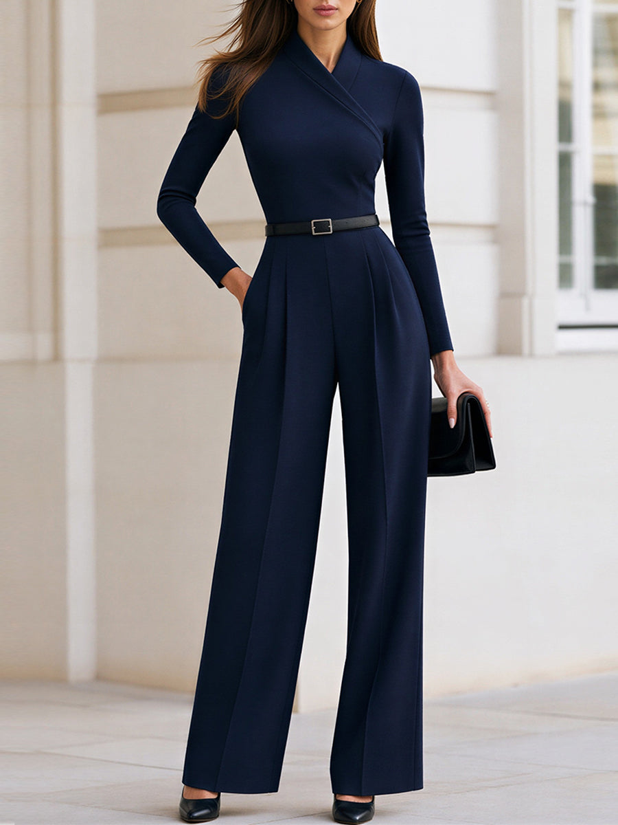 Wrap V Neck Belted Long Sleeve Wide Leg Jumpsuit
