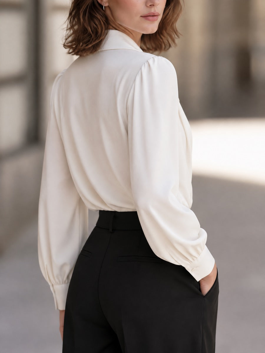 Draped V-Neck Wrap Collar Blouse