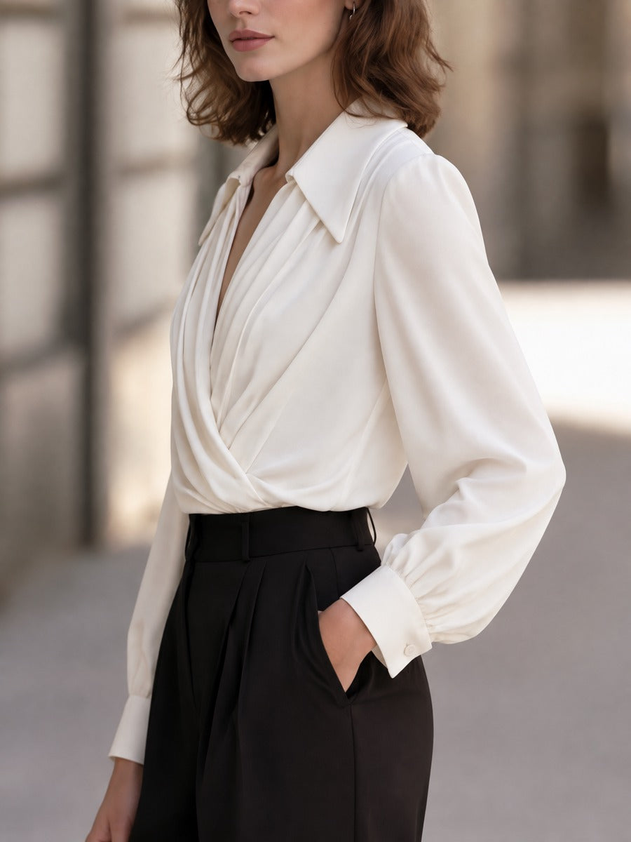 Draped V-Neck Wrap Collar Blouse