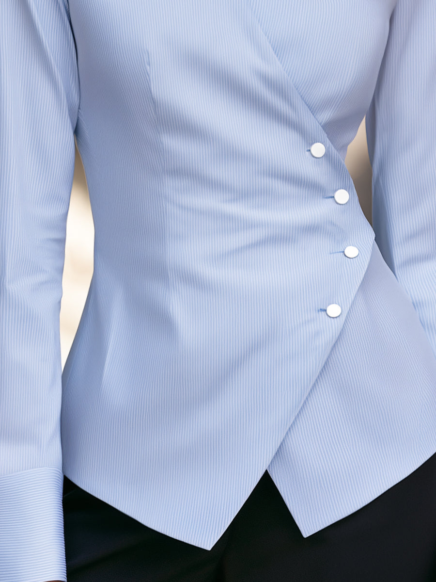 Asymmetric Wrap Front Striped Long Sleeve Blouse