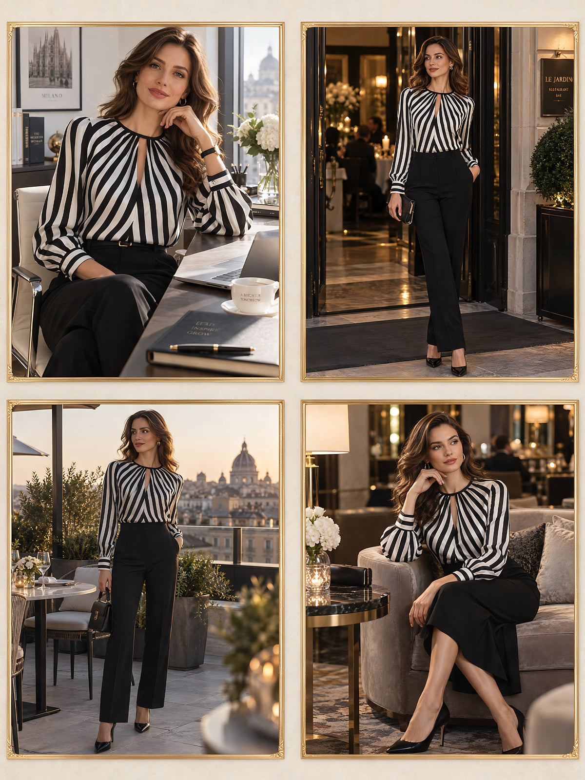 Women's Black and White Striped Long Sleeve Keyhole Blouse