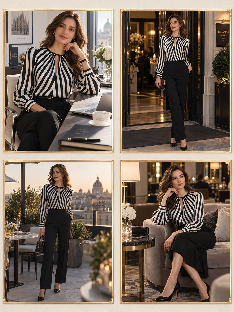 Women's Black and White Striped Long Sleeve Keyhole Blouse