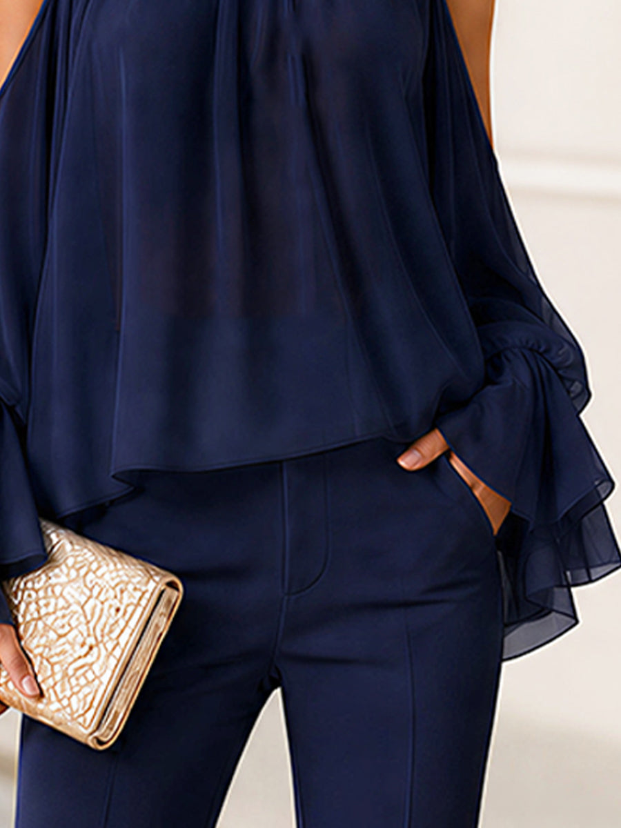 Chiffon High Halter Cold Shoulder Blouse