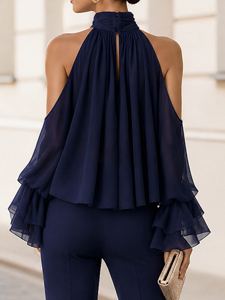 Chiffon High Halter Cold Shoulder Blouse