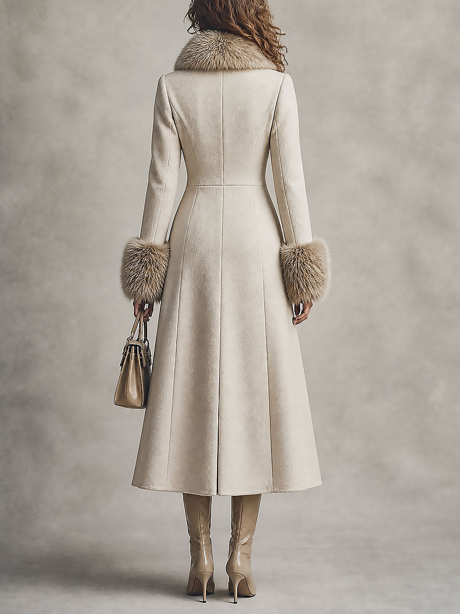 Quiet Luxury Fur-trimmed Collar Double-breasted Wool-blend Coat With Waist-cinching Fit