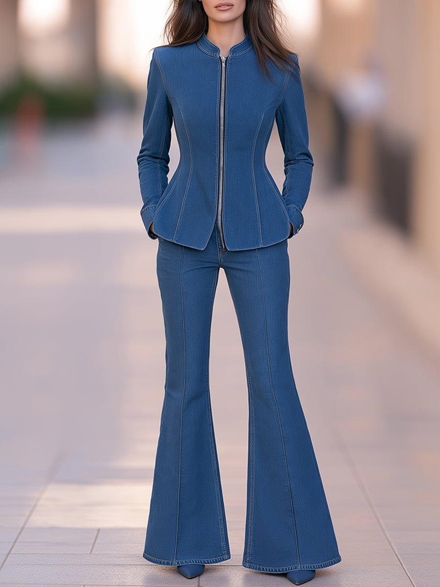 Women's Fitted Denim Zip-Up Jacket & Flare Pants Two-Piece Set