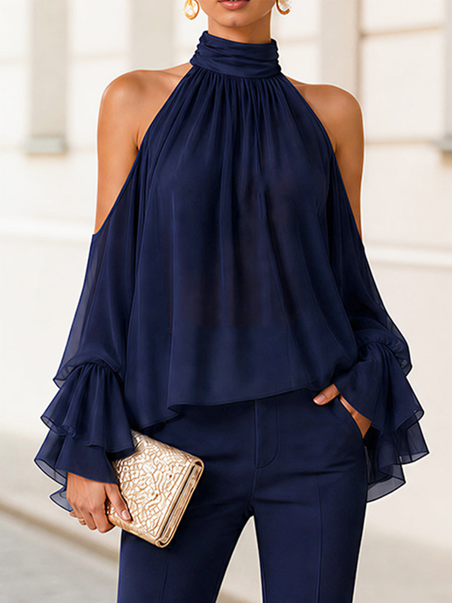 Chiffon High Halter Cold Shoulder Blouse