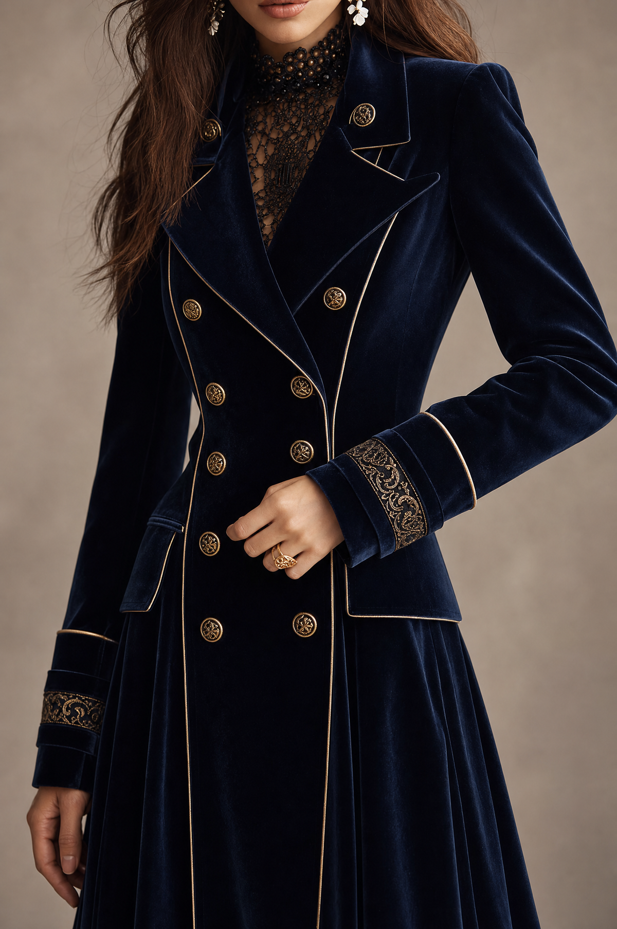 Navy Velvet Cuff Embroidery Double-Breasted Long Coat With Gold Piping
