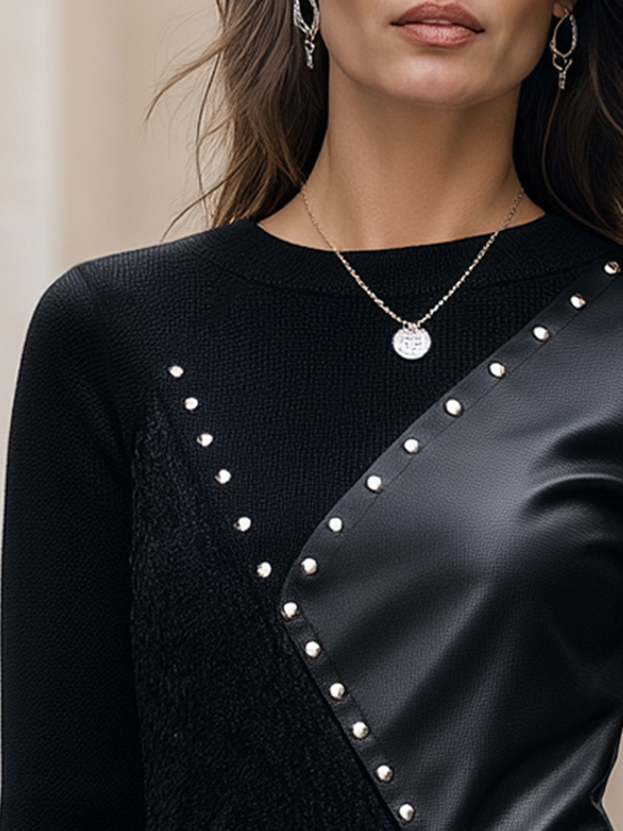 Studded Faux-Leather Panel Structured Knit Top