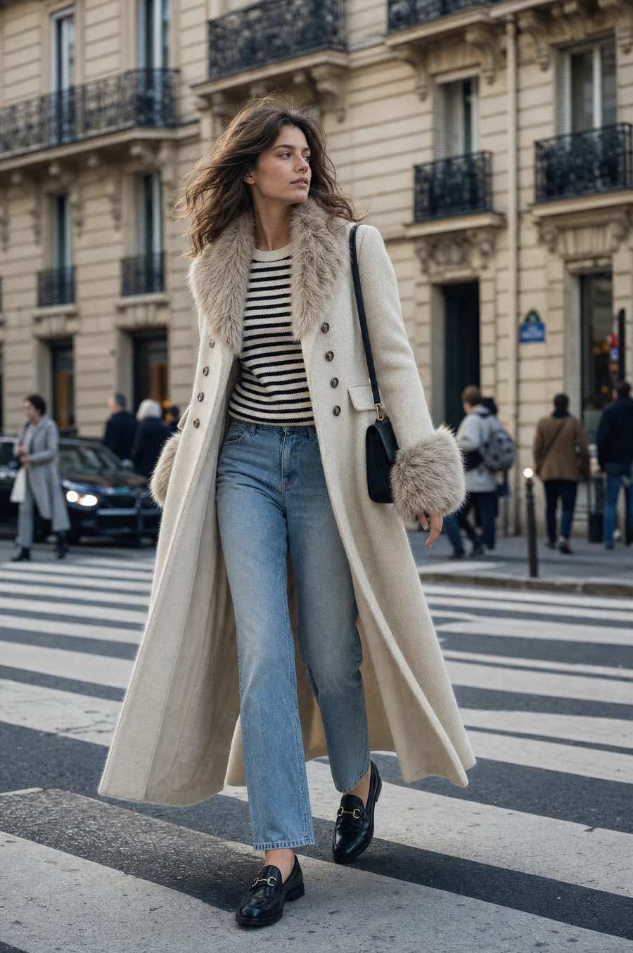 Quiet Luxury Fur-trimmed Collar Double-breasted Wool-blend Coat With Waist-cinching Fit