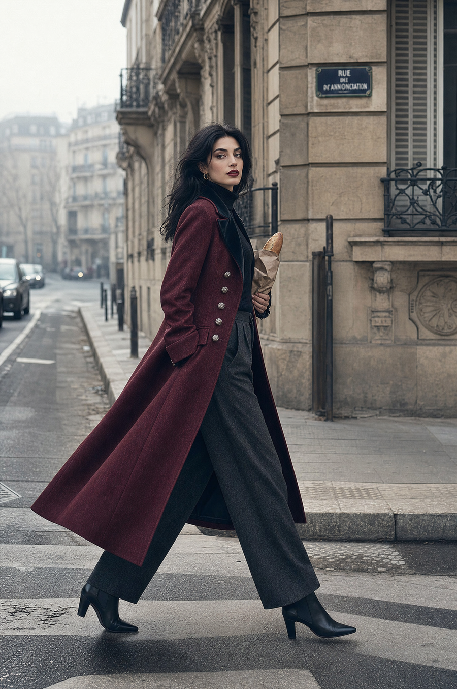 Quiet Luxury Velvet-Collar Double-Breasted Slim-Fit Mid-Length Wool Coat