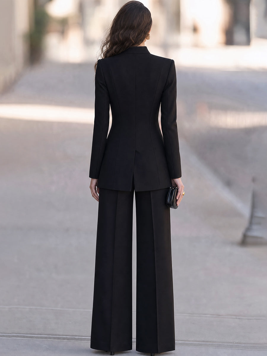 Women's Stand Collar Button-Up Blazer & Wide Leg Pants Two-Piece Suit