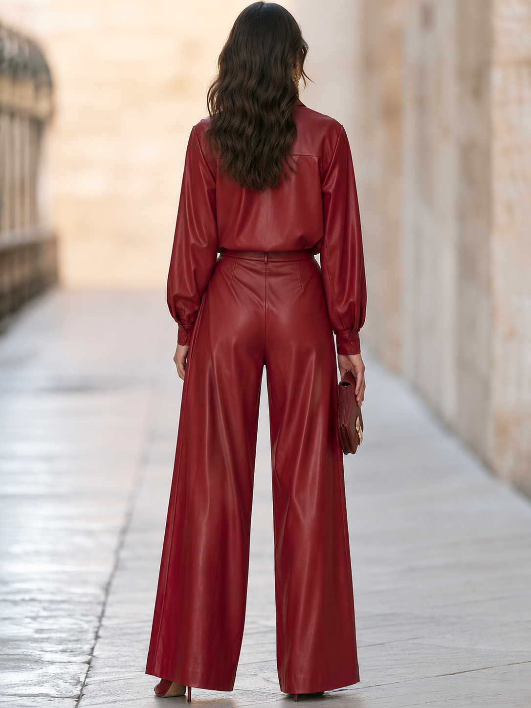 Women's Faux Leather Zip-Up Blouse and Wide Leg Pants Two-Piece Set