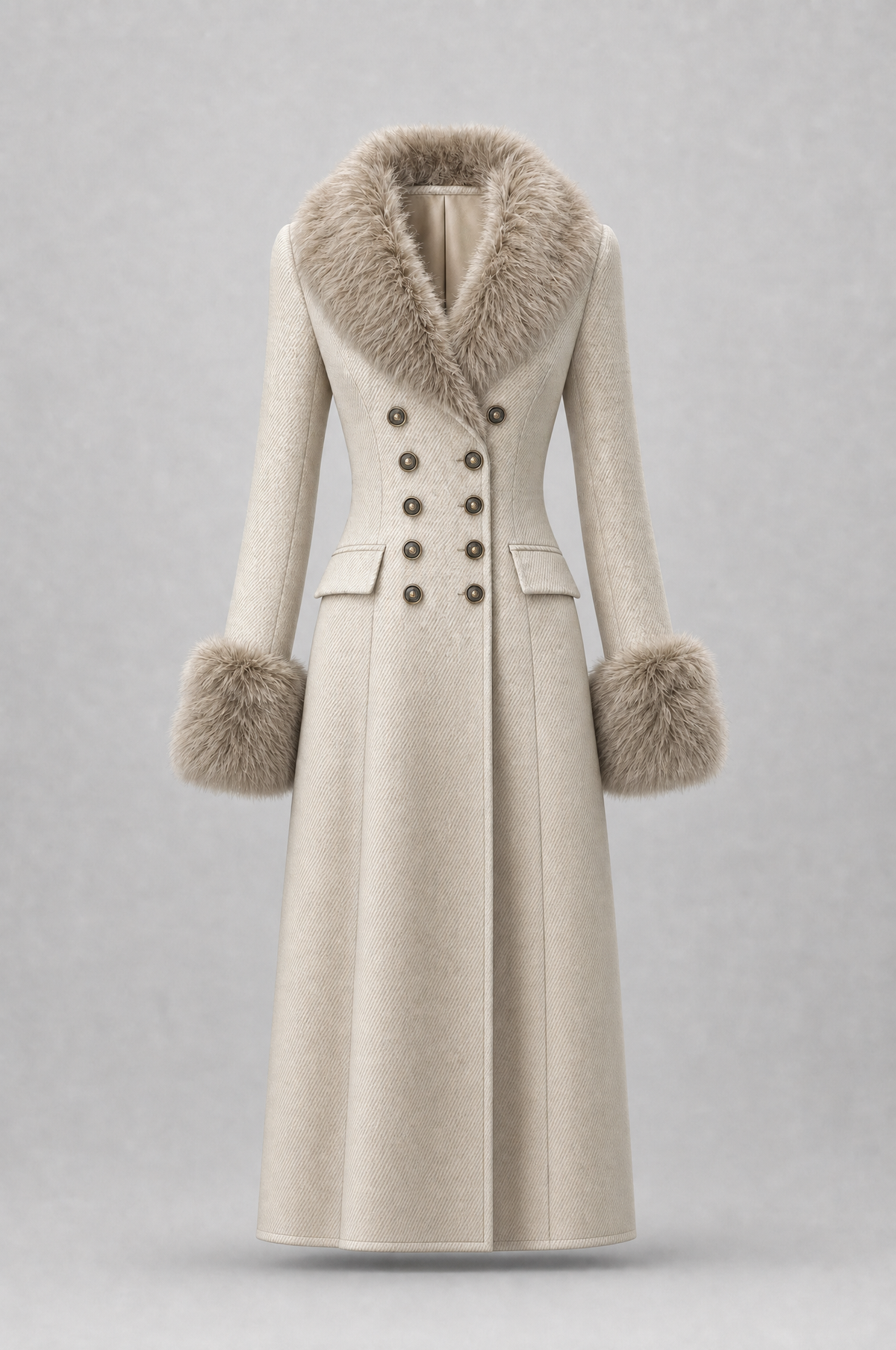 Quiet Luxury Fur-trimmed Collar Double-breasted Wool-blend Coat With Waist-cinching Fit