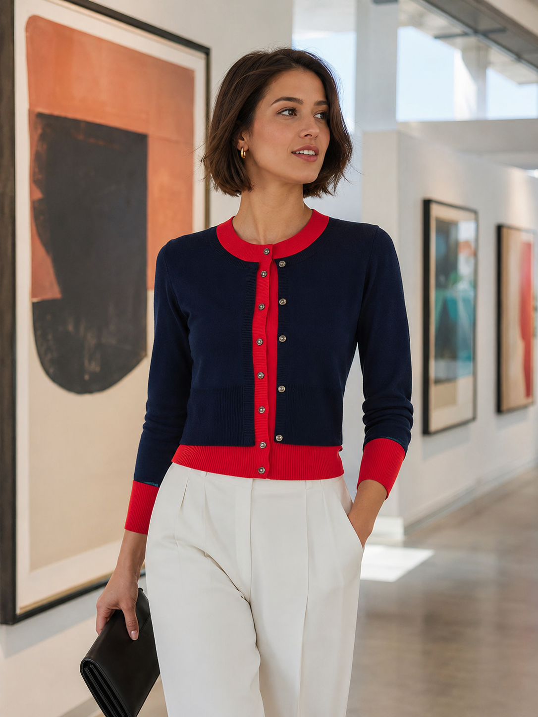 Color-Blocked Layered Button-Down Knit Cardigan