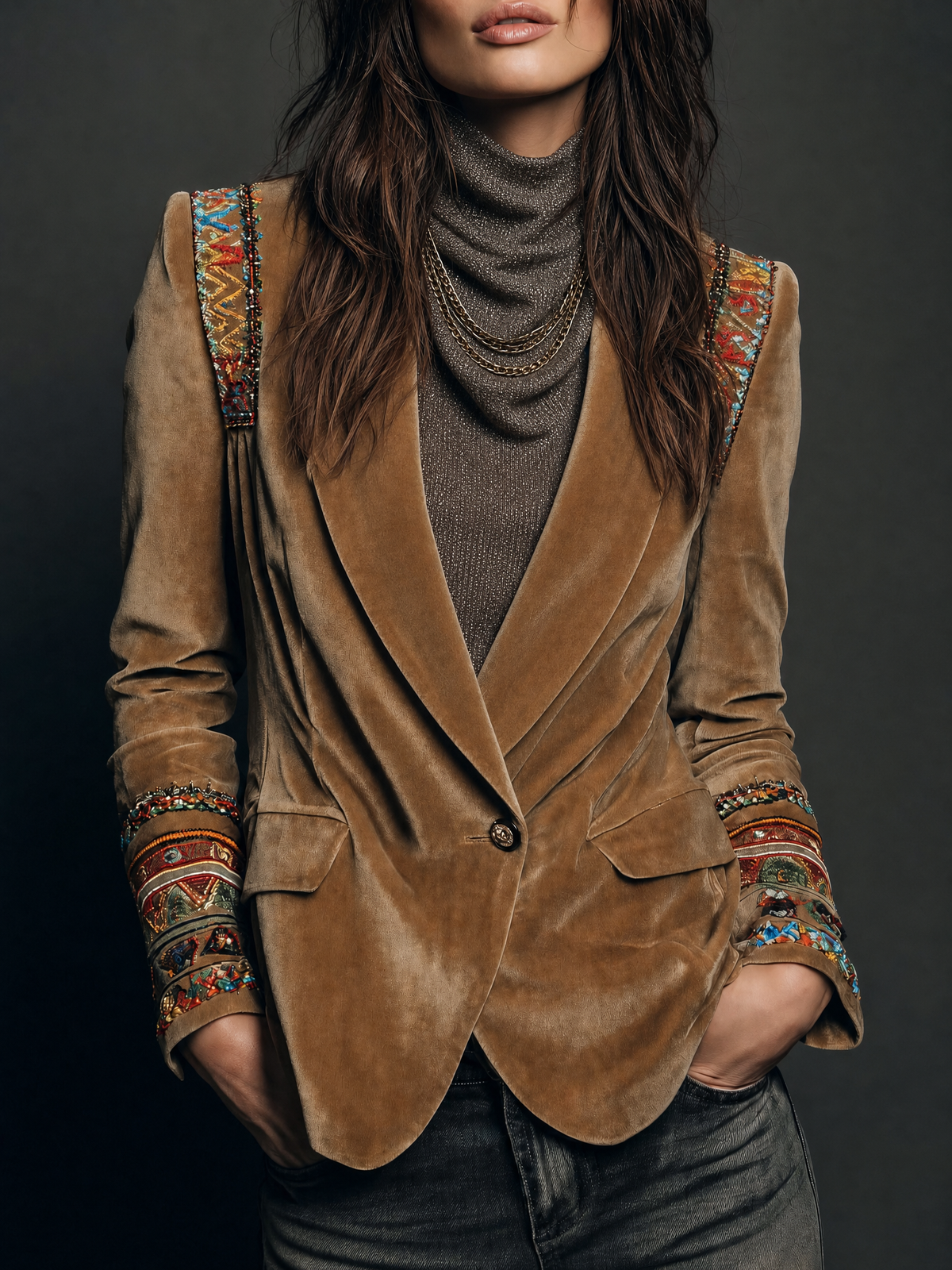 Polyester velvet Embroidered Blazer With Bohemian Detailing
